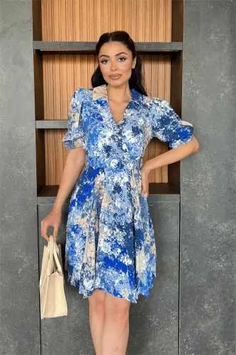 Wrap Neck Elastic Waist Mini Dress - BLUE SAX - 1