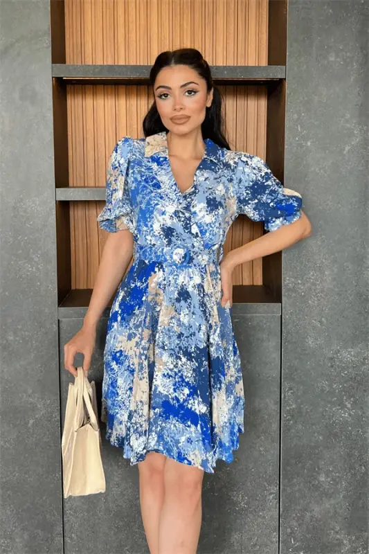 Wrap Neck Elastic Waist Mini Dress - BLUE SAX - BÜYÜKBEDENIZ