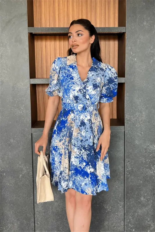 Wrap Neck Elastic Waist Mini Dress - BLUE SAX - 2