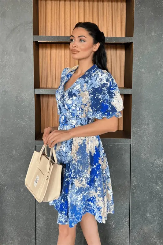 Wrap Neck Elastic Waist Mini Dress - BLUE SAX - 3