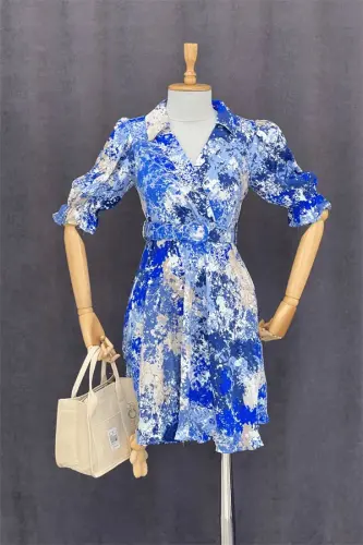 Wrap Neck Elastic Waist Mini Dress - BLUE SAX - 4