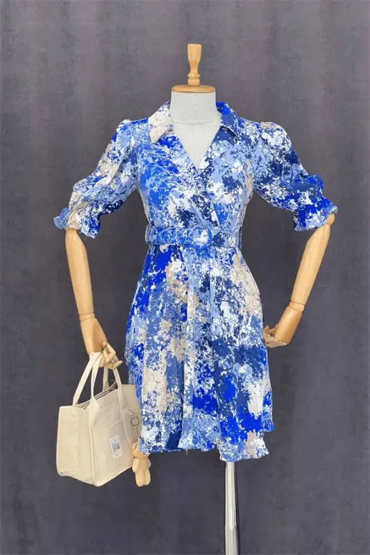 Wrap Neck Elastic Waist Mini Dress - BLUE SAX - 4