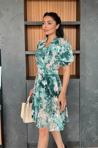 Wrap Neck Elastic Waist Mini Dress - GREEN - 3