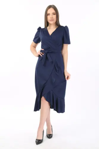 Wrap Neck Princess Sleeve Flounced Belted Evening Dress Wedding Engagement Graduation Dress-Navy Blue - 1