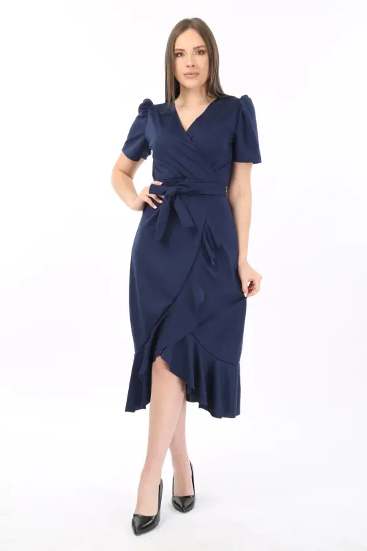 Wrap Neck Princess Sleeve Flounced Belted Evening Dress Wedding Engagement Graduation Dress-Navy Blue - 1