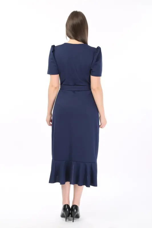 Wrap Neck Princess Sleeve Flounced Belted Evening Dress Wedding Engagement Graduation Dress-Navy Blue - 2
