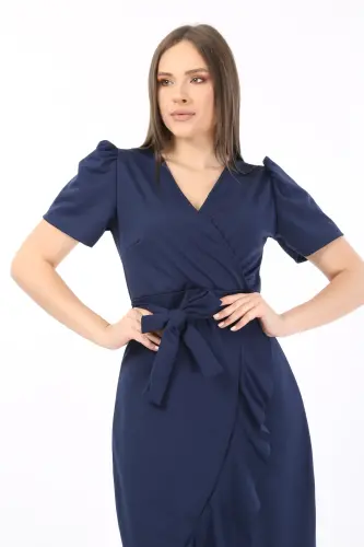 Wrap Neck Princess Sleeve Flounced Belted Evening Dress Wedding Engagement Graduation Dress-Navy Blue - 3