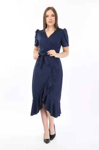 Wrap Neck Princess Sleeve Flounced Belted Evening Dress Wedding Engagement Graduation Dress-Navy Blue - 5
