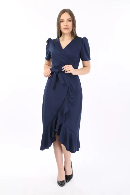 Wrap Neck Princess Sleeve Flounced Belted Evening Dress Wedding Engagement Graduation Dress-Navy Blue - 5