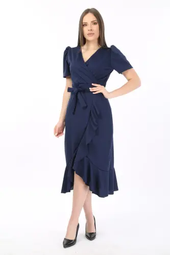 Wrap Neck Princess Sleeve Flounced Belted Evening Dress Wedding Engagement Graduation Dress-Navy Blue - 6
