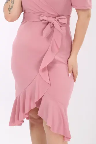 Wrap Neck Princess Sleeve Ruffled Belted Evening Dress Wedding Engagement Graduation Dress-Rose - 3
