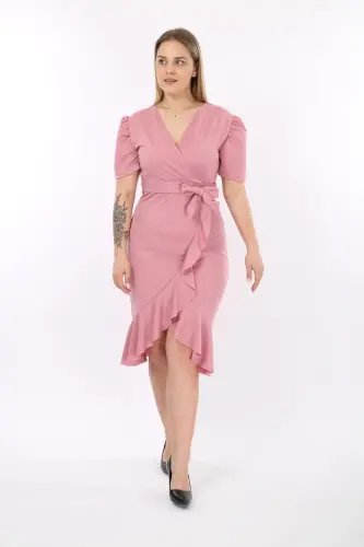 Wrap Neck Princess Sleeve Ruffled Belted Evening Dress Wedding Engagement Graduation Dress-Rose - 6