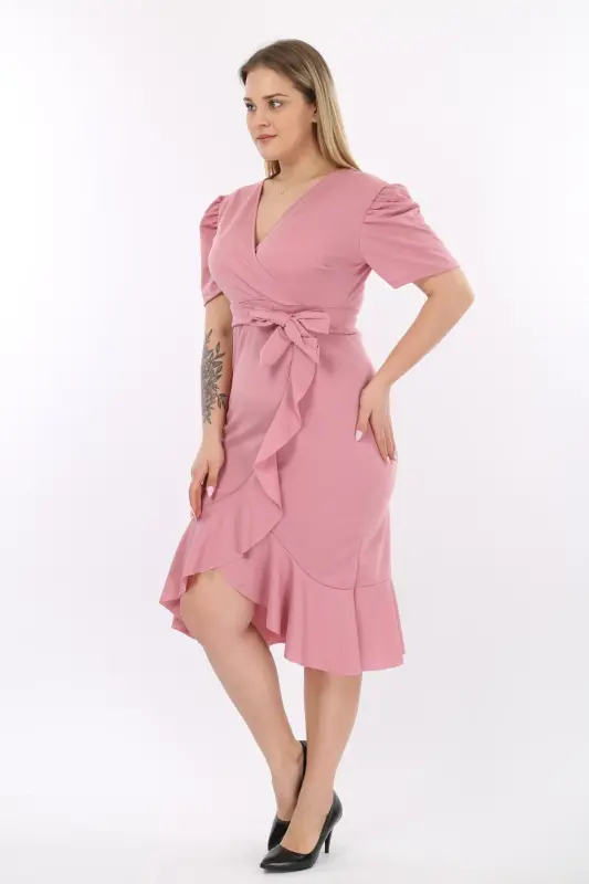 Wrap Neck Princess Sleeve Ruffled Belted Evening Dress Wedding Engagement Graduation Dress-Rose - 7