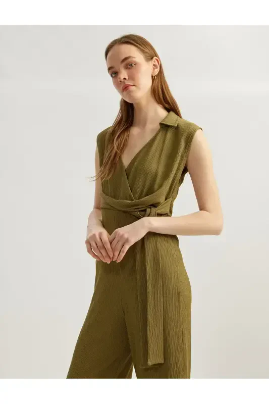 Wrap Neck Tie Detailed Sleeveless Wide Leg Jumpsuit Crinkle - 1