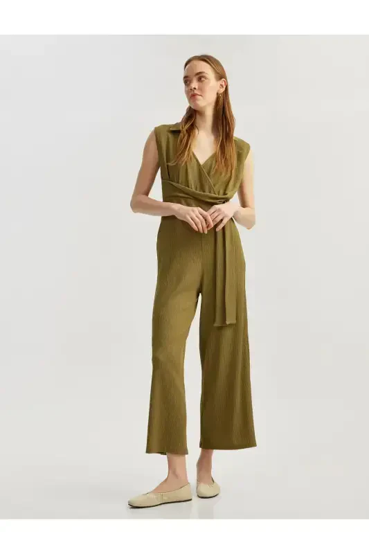 Wrap Neck Tie Detailed Sleeveless Wide Leg Jumpsuit Crinkle - 2