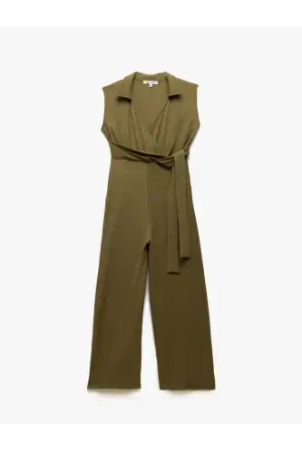 Wrap Neck Tie Detailed Sleeveless Wide Leg Jumpsuit Crinkle - 3