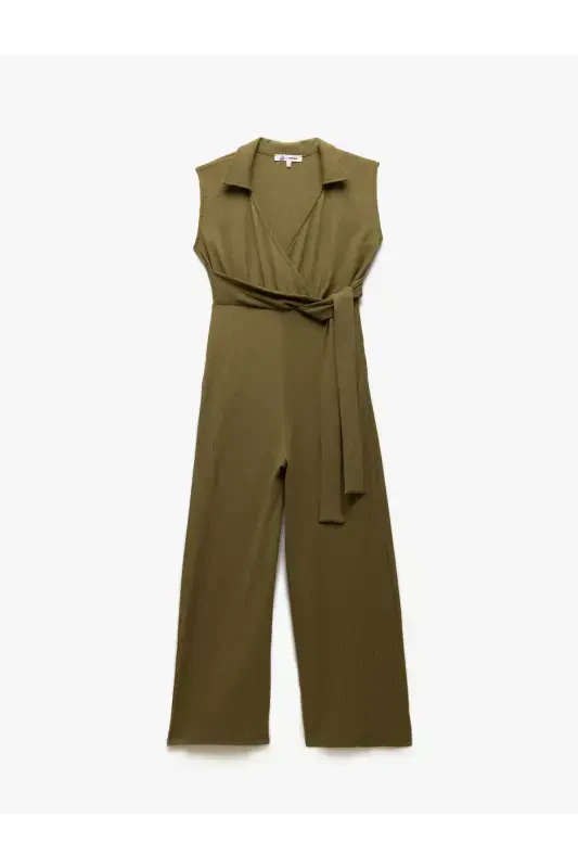Wrap Neck Tie Detailed Sleeveless Wide Leg Jumpsuit Crinkle - 3