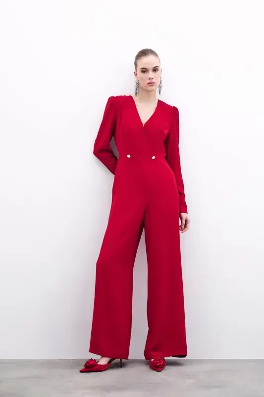 Wrap-Over Embellished Crepe Jumpsuit - Red-RED - 1
