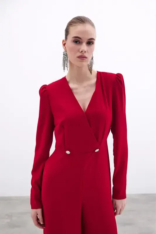 Wrap-Over Embellished Crepe Jumpsuit - Red-RED - 5