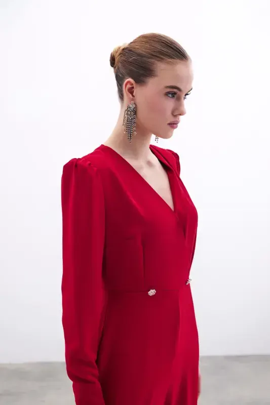 Wrap-Over Embellished Crepe Jumpsuit - Red-RED - 6