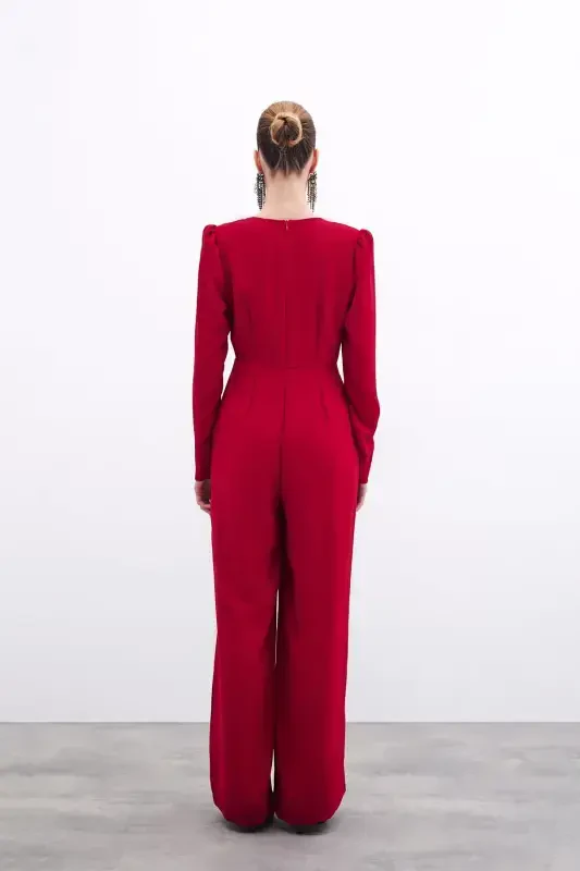 Wrap-Over Embellished Crepe Jumpsuit - Red-RED - 7