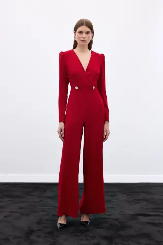 Wrap-Over Embellished Crepe Jumpsuit - Red-RED 
