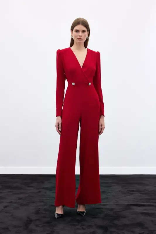 Wrap-Over Embellished Crepe Jumpsuit - Red-RED - 1