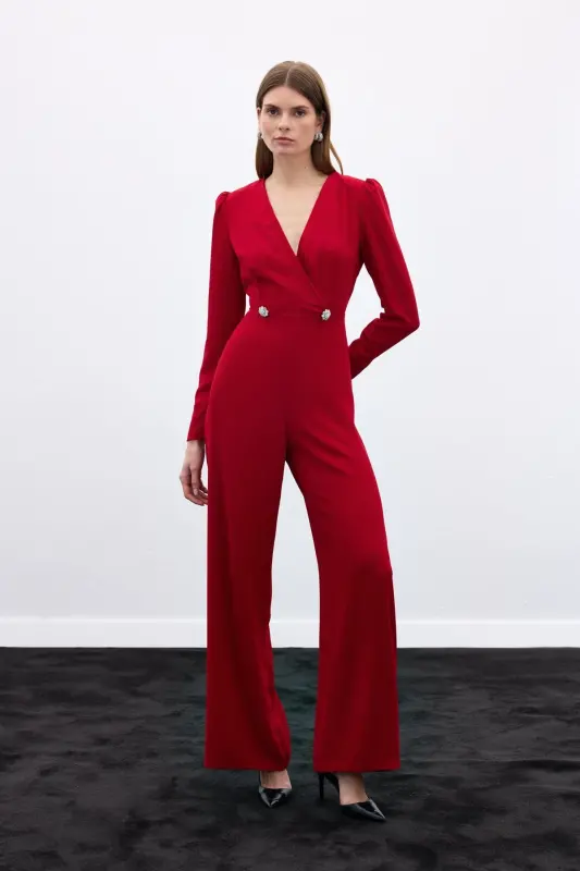 Wrap-Over Embellished Crepe Jumpsuit - Red-RED - 2