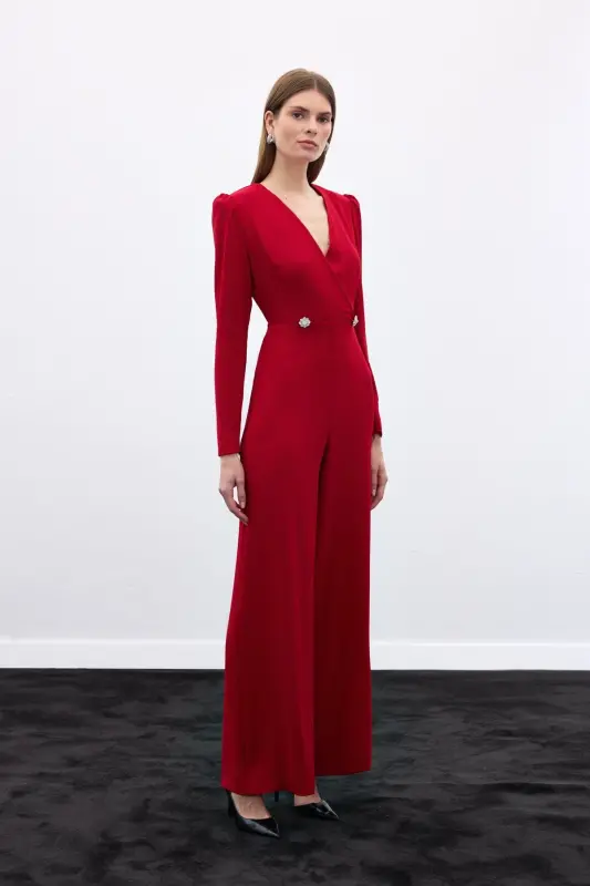 Wrap-Over Embellished Crepe Jumpsuit - Red-RED - 3