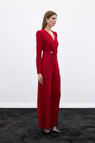 Wrap-Over Embellished Crepe Jumpsuit - Red-RED - 4