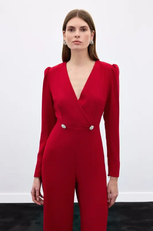 Wrap-Over Embellished Crepe Jumpsuit - Red-RED - 5