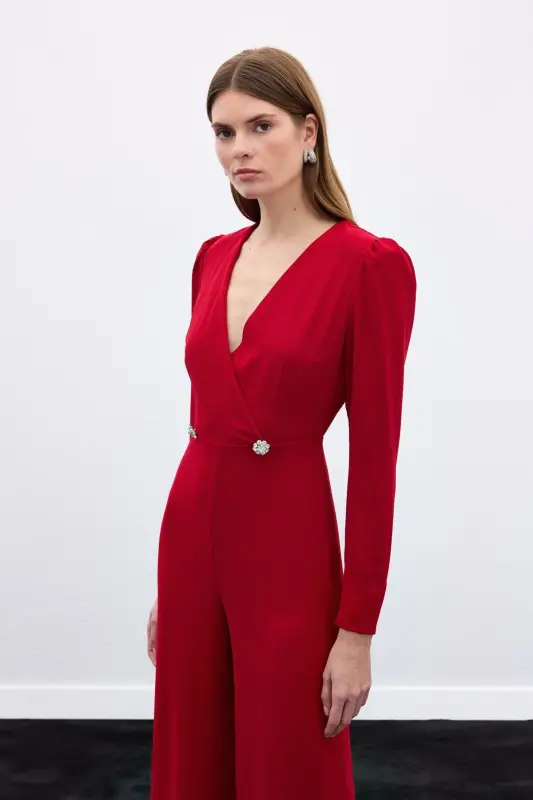 Wrap-Over Embellished Crepe Jumpsuit - Red-RED - 6