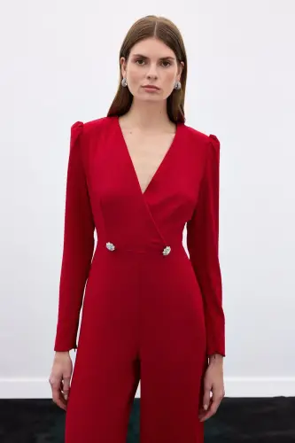 Wrap-Over Embellished Crepe Jumpsuit - Red-RED - 7