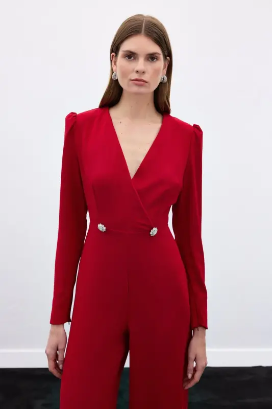 Wrap-Over Embellished Crepe Jumpsuit - Red-RED - 7