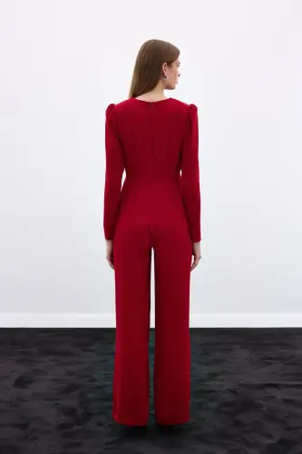Wrap-Over Embellished Crepe Jumpsuit - Red-RED - 8