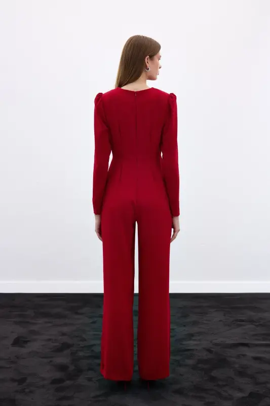 Wrap-Over Embellished Crepe Jumpsuit - Red-RED - 8