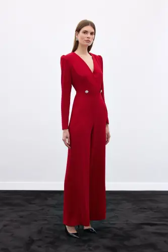 Wrap-Over Embellished Crepe Jumpsuit - Red-RED - 3