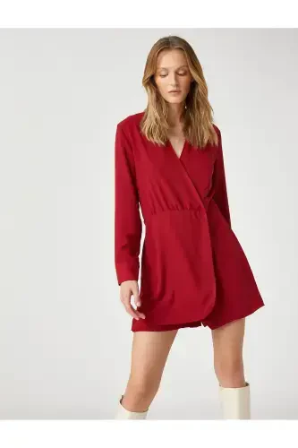 Wrap Romper with Shorts V Neck Long Sleeve-RED - 1