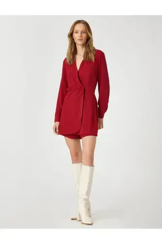 Wrap Romper with Shorts V Neck Long Sleeve-RED - 2