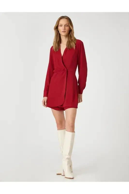 Wrap Romper with Shorts V Neck Long Sleeve-RED - 2