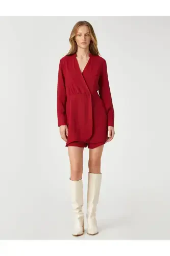 Wrap Romper with Shorts V Neck Long Sleeve-RED - 3