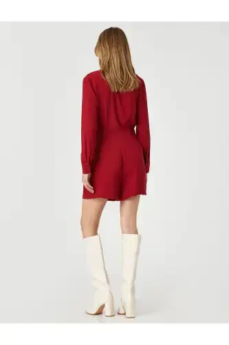 Wrap Romper with Shorts V Neck Long Sleeve-RED - 4
