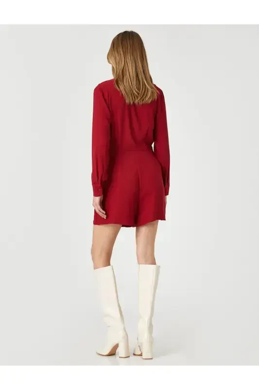 Wrap Romper with Shorts V Neck Long Sleeve-RED - 4