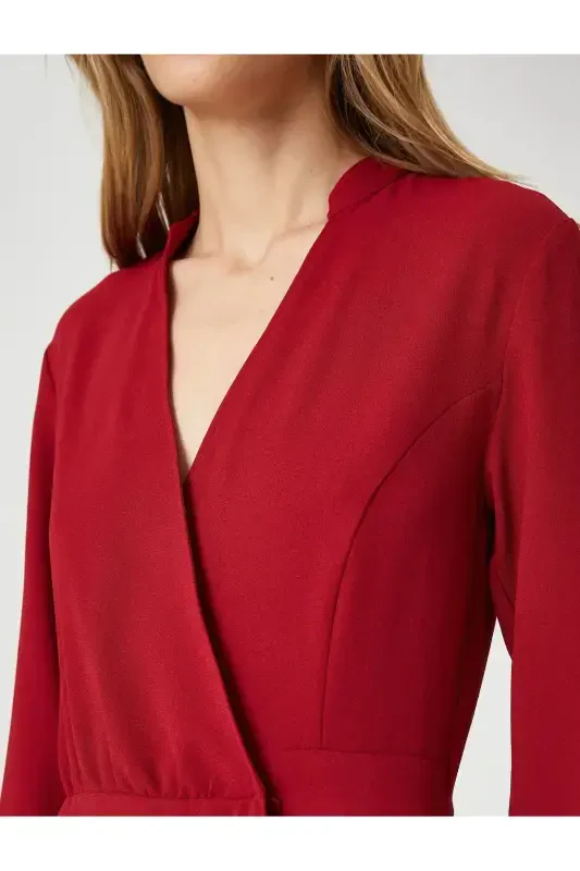 Wrap Romper with Shorts V Neck Long Sleeve-RED - 5