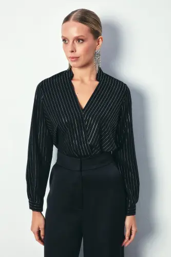 Wrap Shiny Striped Blouse - BLACK-BLACK - SATEEN (1)