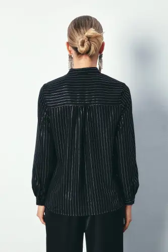 Wrap Shiny Striped Blouse - BLACK-BLACK - 6