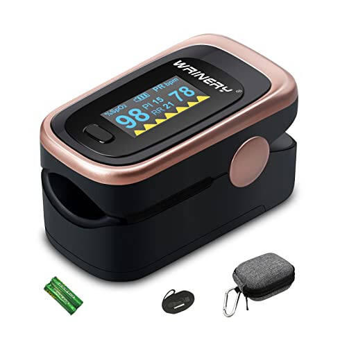 WRINERY Pulse Oximeter Fingertip, Oxygen/ O2 Saturation Monitor, OLED Portable Oximetry with Batteries, Lanyard (Rose gold-black) - 1