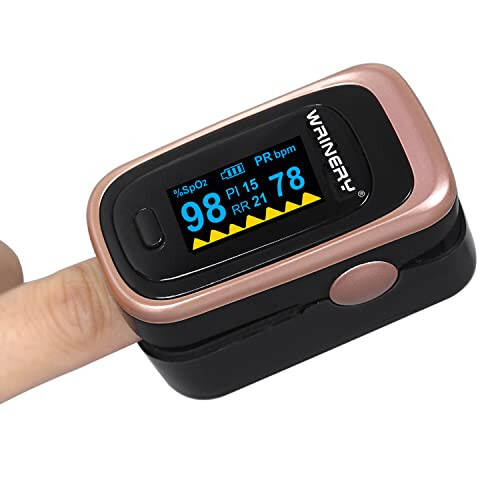 WRINERY Pulse Oximeter Fingertip, Oxygen/ O2 Saturation Monitor, OLED Portable Oximetry with Batteries, Lanyard (Rose gold-black) - 2