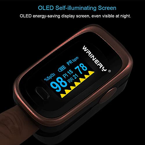 WRINERY Pulse Oximeter Fingertip, Oxygen/ O2 Saturation Monitor, OLED Portable Oximetry with Batteries, Lanyard (Rose gold-black) - 4