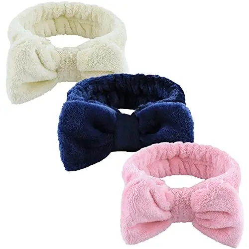 WSYUB 3Pcs Spa Headband, Makeup Headband for Washing Face, Bow Headbands for Women, Fluffy Skincare Headbands Microfiber Bow Knot Hair Band, Pink, Yellow, Dark Blue - WSYUB